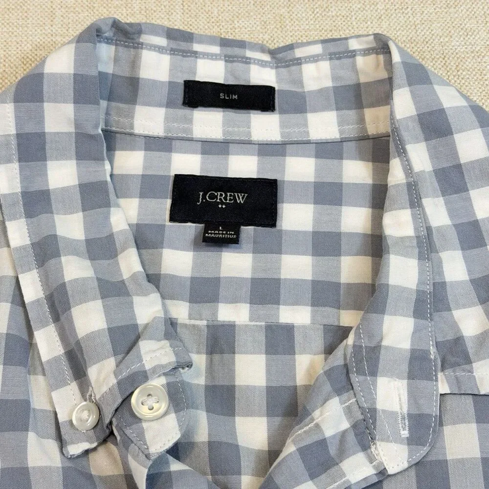 J.Crew Mens Large Slim Fit Blue White Gingham Check Button Down Shirt Cotton